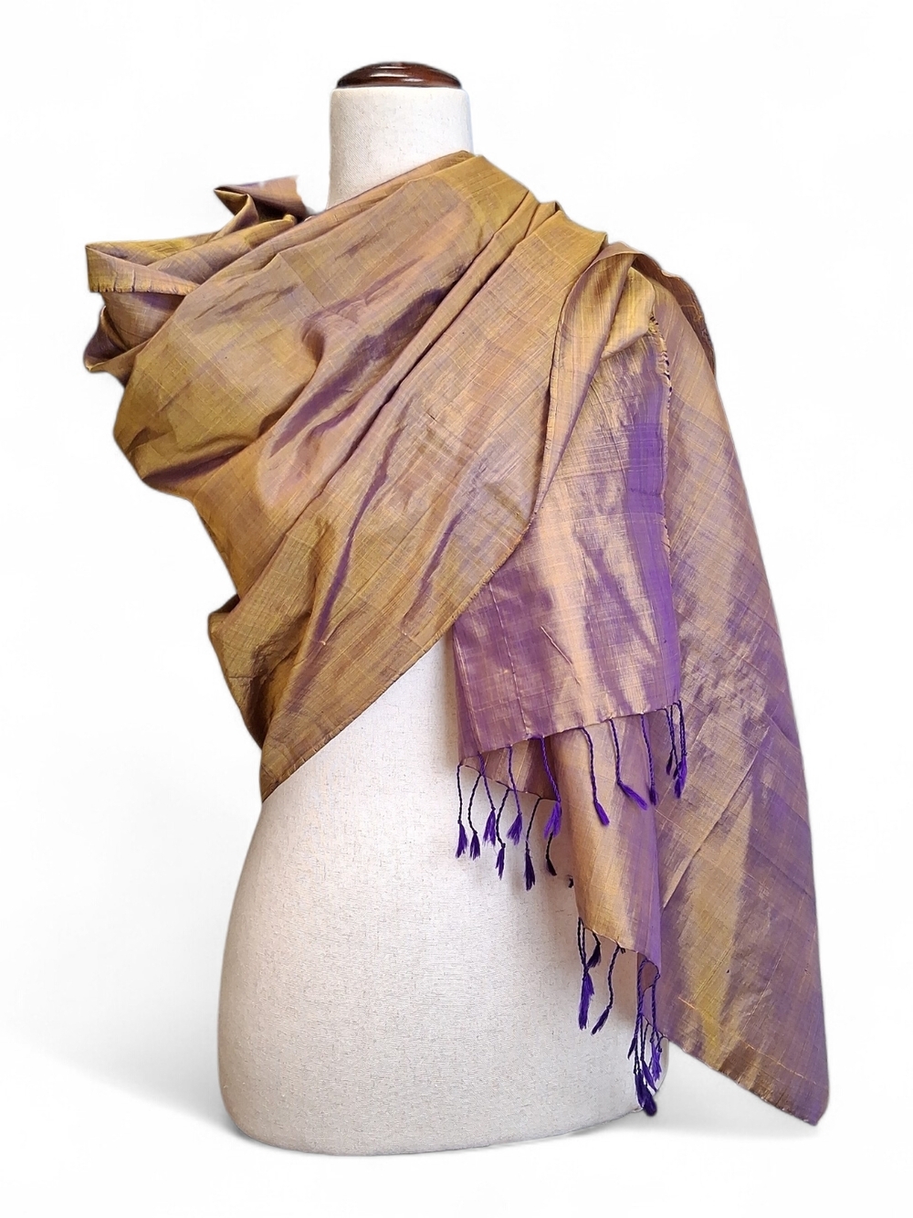 Women's Iridescent Gold Purple Silk Wide Scarf 32" X 72" - Picture 2 of 5